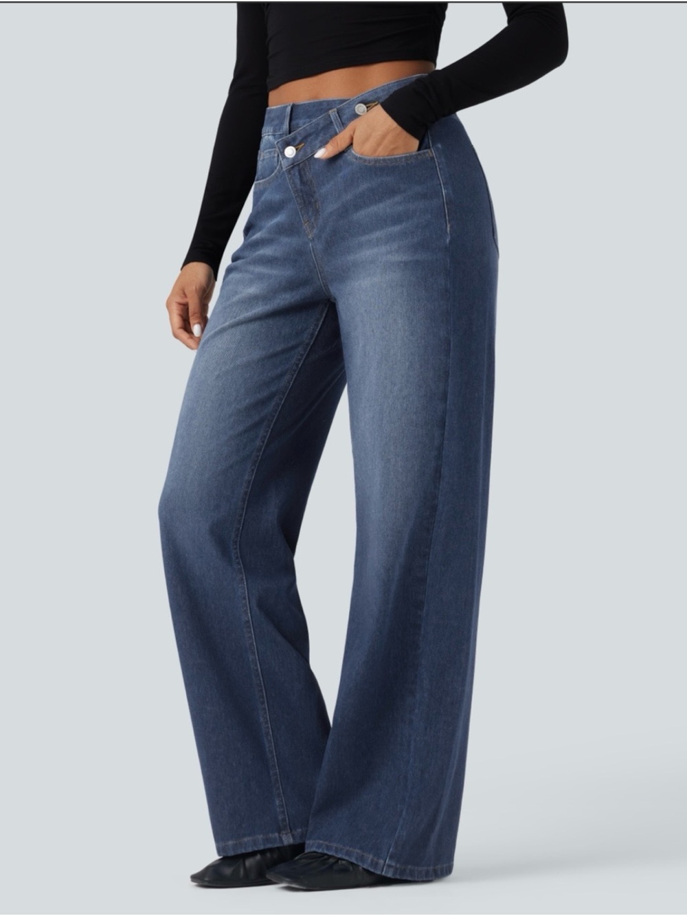 NWT- Halara Flex™ Asymmetric High Waisted Baggy Wide Leg Washed Casual Jeans - Picture 3 of 11